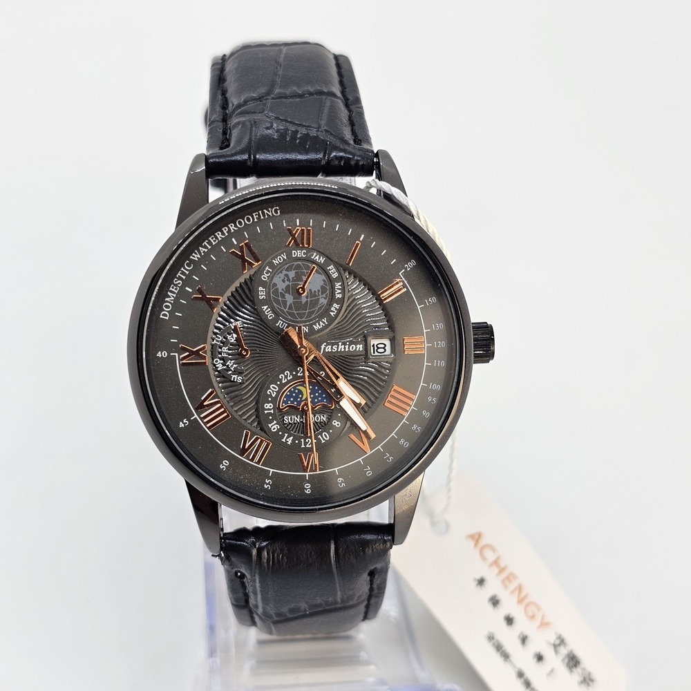 Men's Analog Watch 40MM Dark Gray Dial Date Black Leather Bands New Battery
